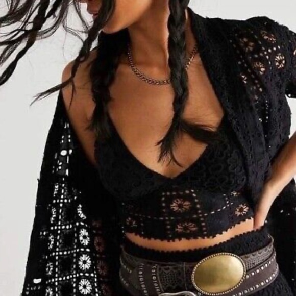 Free People Yesenia Crochet Lace 4 / S Black 3-Pc Bralette Mini Skirt Jacket Set - Picture 13 of 13